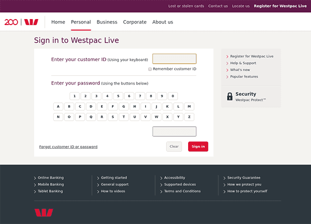 Complicated user interface of the Westpac Live sign in view
